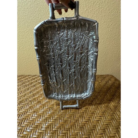 Vintage Mexican Handcrafted Aluminum Serving Tray With Handles Textured Bamboo - Picture 3 of 5